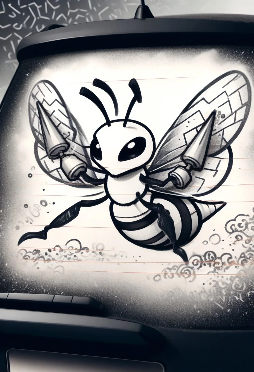 w4shm3, car, doodle, beedrill, insect, wings, drill hands, outline, simple, monochrome