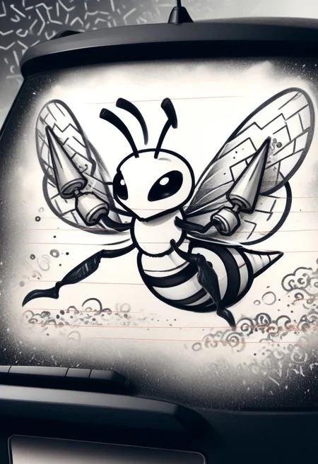 w4shm3, car, doodle, beedrill, insect, wings, drill hands, outline, simple, monochrome