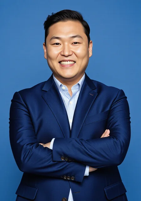 a man in a blue suit with his arms crossed, smiling against a blue background.