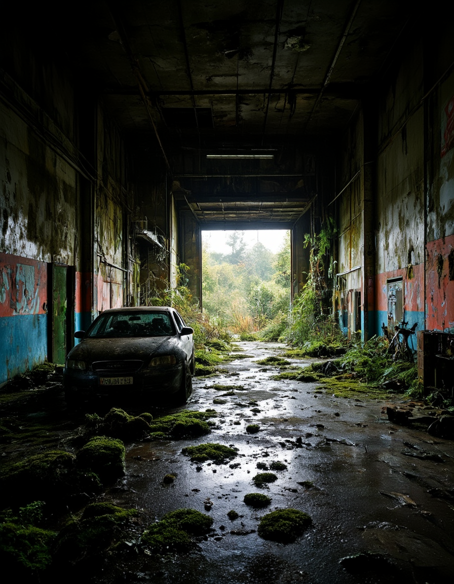 <lora:CW02_Lost_Officev2fluxc:1>  empty abandonned car garage, empty, wet spots, dirty, very dark foreground, lit background, colored walls, messy, moss spots, vegetation, oozing walls,