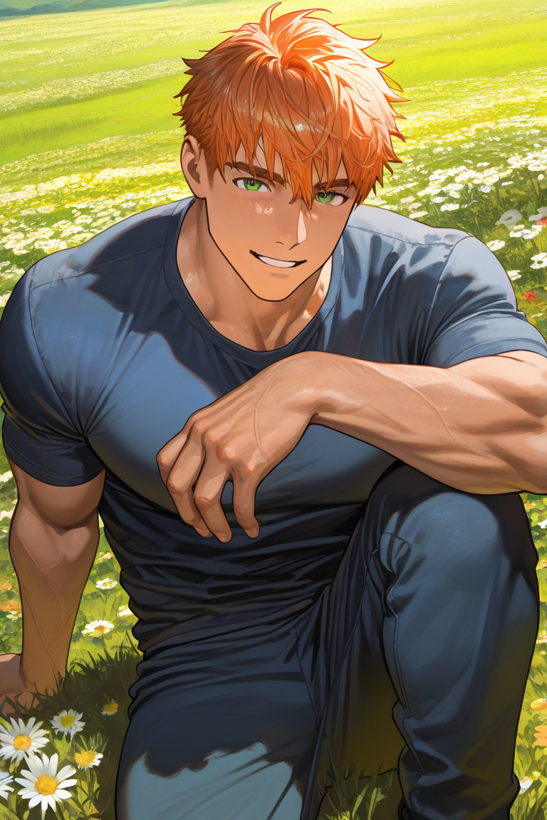  1boy, NapoliPizzaguy, orange hair, green eyes, short hair, manly, muscular, bara, looking at viewer, smiling, parted lips, sitting, one knee up, relaxing, outdoors, flower field, dynamic action, dynamic angle, masterpiece, best quality, amazing quality, very aesthetic, absurdres, newest, very awa
