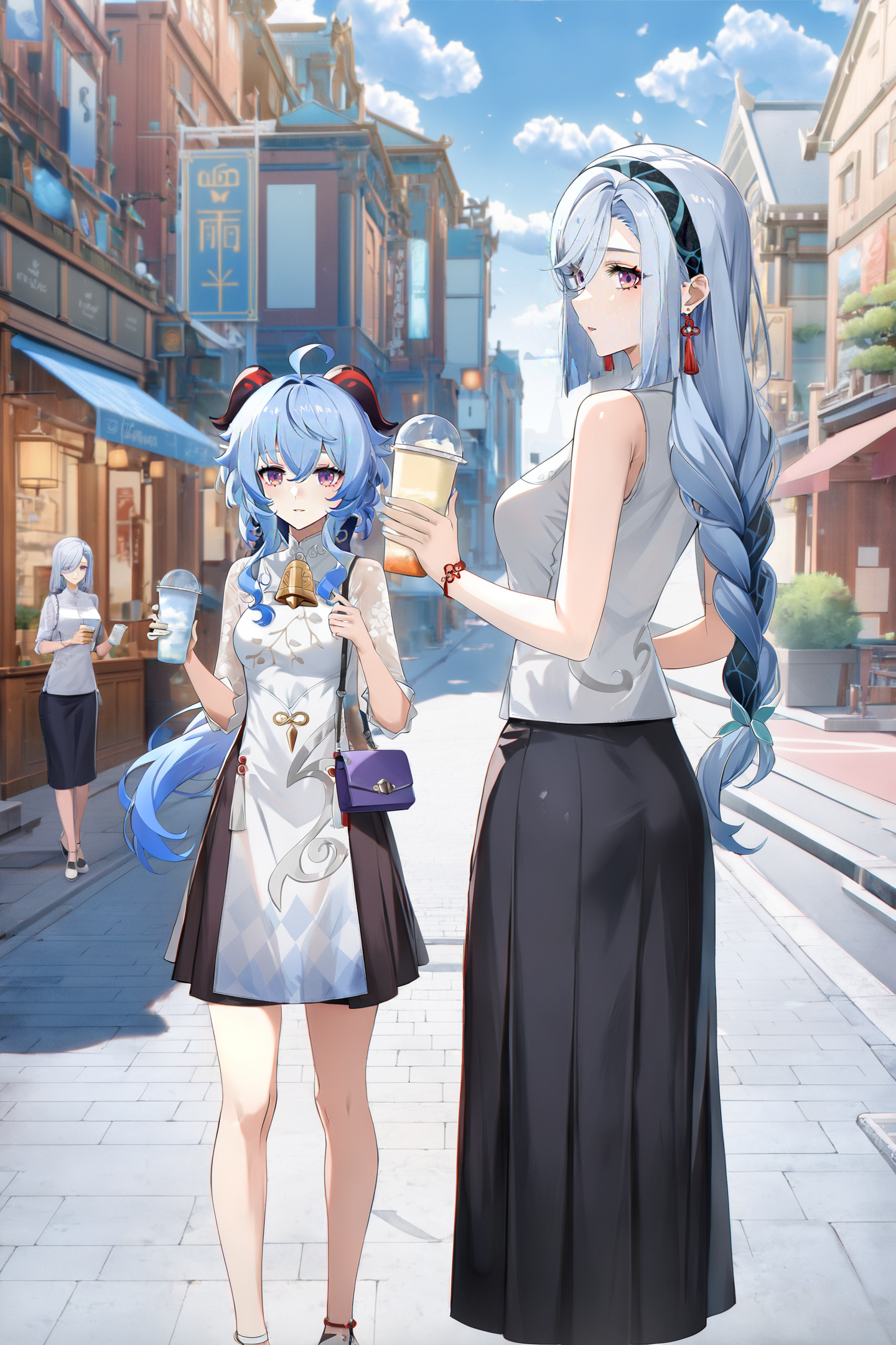 8k, best quality, masterpiece, (ultra-detailed:1.1), (high detailed skin), 
<lora:ganshenxian-A3-Tanger-000010:0.7>, 2girls, Ganyu's casual clothes, shenhe's casual clothes, ganyu \(genshin impact\), shenhe \(genshin impact\), long hair, blue hair, horns, purple eyes, ahoge, skirt, bangs, outdoors, street,