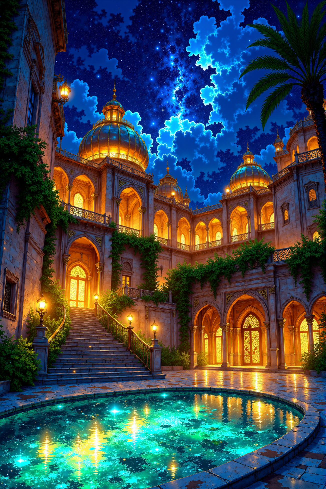 <lora:Vibrantly_Sharp_style_v.5:0.9>  Celestial Palace Beneath the Stars. A breathtaking palace of golden spires and luminous archways rises under a night sky filled with cascading galaxies. The grand staircases, lined with flickering lanterns, lead to terraces that overlook a tranquil reflecting pool, where the stars seem to ripple upon the waterâs surface. The architectural detailing is intricate, blending Indo-Persian domes with baroque embellishments, while lush greenery entwines the balustrades, creating an ethereal balance between nature and divine craftsmanship. The celestial radiance from the sky enhances the intricate carvings, casting elongated shadows that dance upon the polished stone. This scene embodies an enchanted, dreamlike atmosphere, masterfully blending fantasy illustration with high-detail realism.