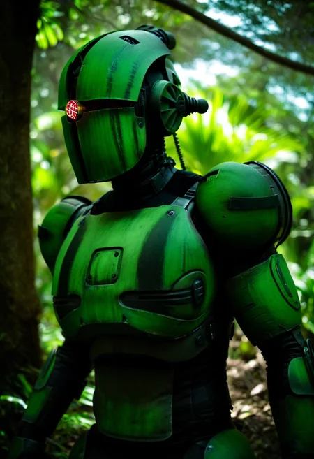 easynegative, extremely detailed, dark, chiaroscuro, low-key, AssaultronCosplay, zavy-strps, a green assaultron robot, ((the assaultron has black stripes painted on its armor)), ((tiger stripe pattern)), in the jungles of vietnam