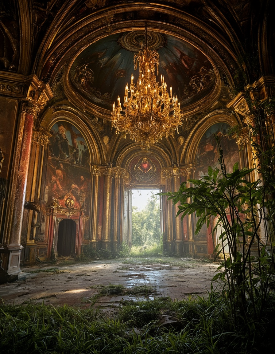 <lora:City_Worlds02_Lost_Operaflux:0.7> cw02lost, cyberpunk, abandoned church, abandoned opera room, gold, medieval, baroque, rich hanging chandelier, neons, vegetation