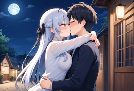 source_anime, ultra HD, best quality, BREAK 1girl, BREAK 1 boy, he undressing her wife clothes,open clothes,most beautiful girl on village, white long hair girl,sidetail hair,black ribbon hairtie,wife hugging husband,husband stimulate his wife,girl half awake eye,1 night not enough she want another round,their first night ,encourage her it only hurt a little ,she agree then ready to do it 👉👌,💦💦👉👌💦💦🫶💑
