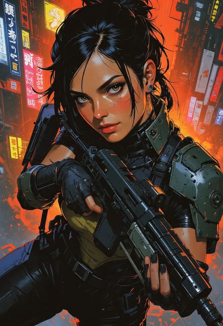 magnificent, closeup portrait, female bounty hunter, braided black hair, two tone hair, blonde highlights in hair, futuristic armor, sci-fi, sleek fingerless gloves, armored bodysuit, shoulder plates, hip plates, sexy, curvy, large breasts, large ass, rifle, aiming rifle, pointing rifle, Cyberpunk City, Neon Lights, foreshortening, neck tattoo, large breasts,
looking at viewer, solo, smirk, cocky smirk, godrays, raytracing, 
Cowboy Shot, close up, from above,
