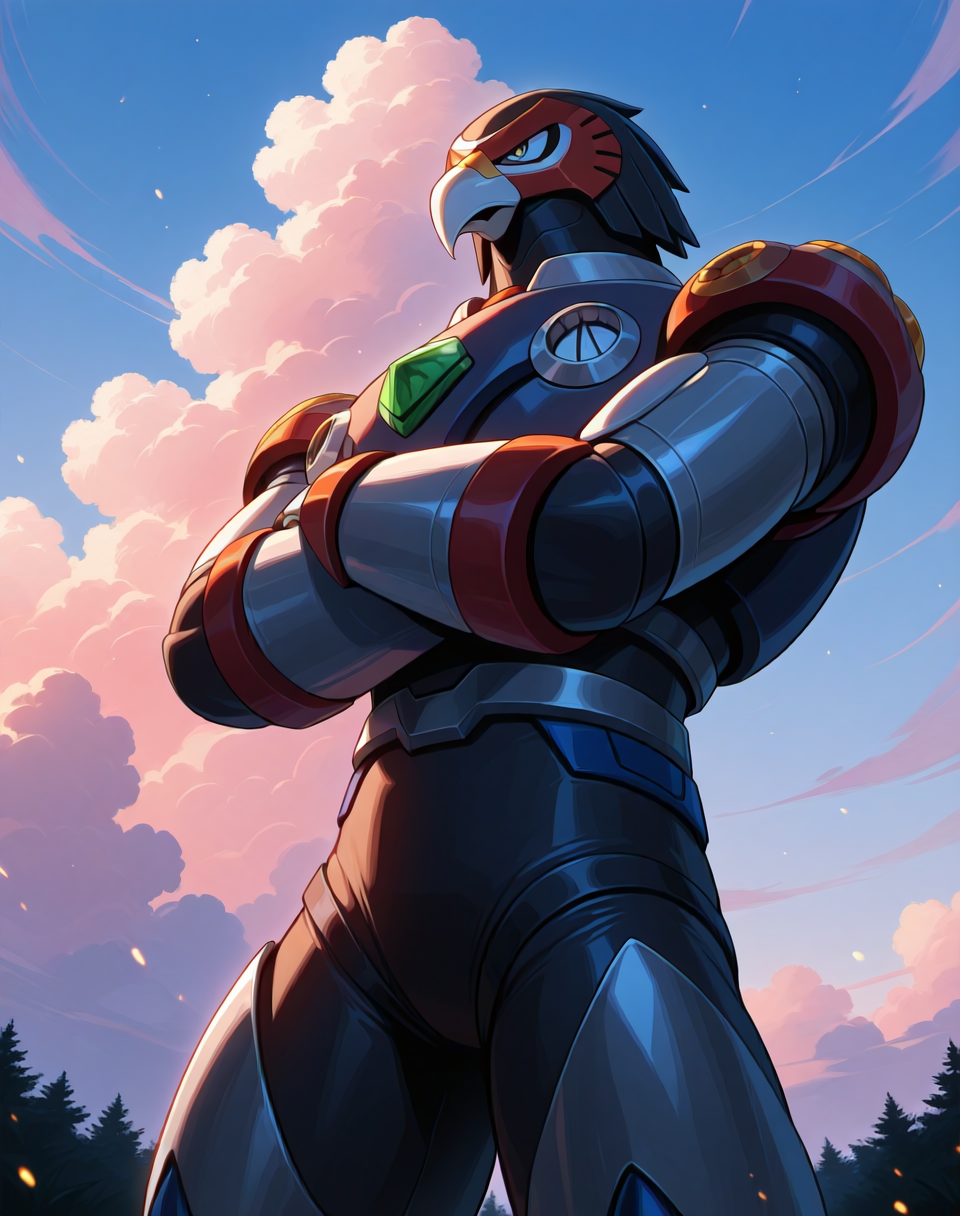 <lora:Reploid_(Mega_Man_X)_(Illustrious)_(AD):1.5> reploid, MMX, 
exterior, sky with clouds, grassy valley,
male focus, intense shadows, dynamic shadows, intricate details, attention to details, gradient coloring, bright vivid colors, robot, bent leg, glossy metal body, cowboy shot, eagle reploid, 
BREAK very awe, masterpiece, best quality, amazing quality, very aesthetic, highres, absurdres,  
EZRealPONYXL, zPDXL, Smooth Quality, lazynsfw,