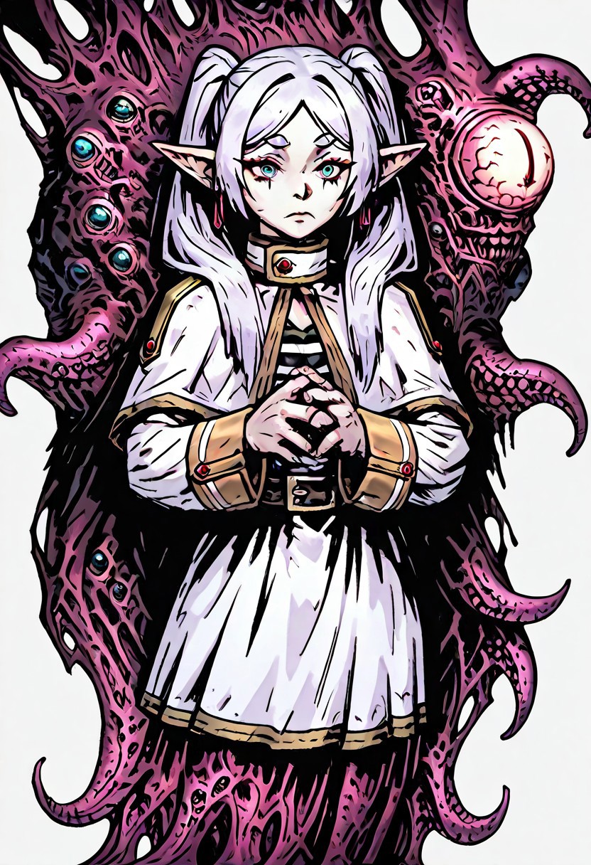 masterpiece, best quality, newest, absurdres, highres, TTCSV1.0, BDCV1.0, DDEG-V1.0, eldrich abomination
horror (theme)
extra eyes, Tentacles, 1girl, frieren, twintails, pigtails, elf, white hair, pointy ears,