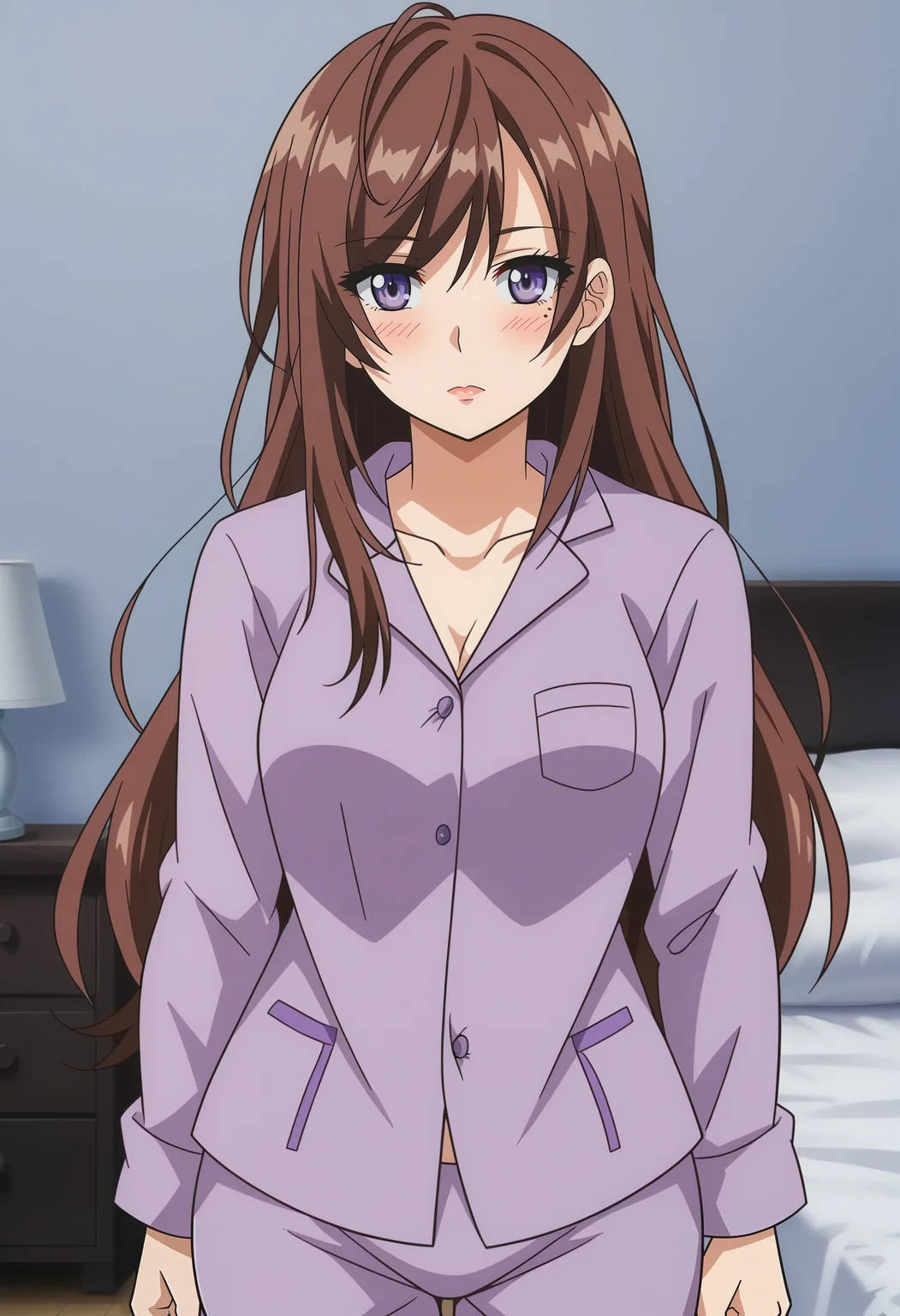 <lora:Rio_Sakagami-Anehame:0.8>,rio,1girl,solo,brown hair,purple eyes,mole under eye,long hair,pajamas,cowboy shot, blush,looking at viewer, bedroom