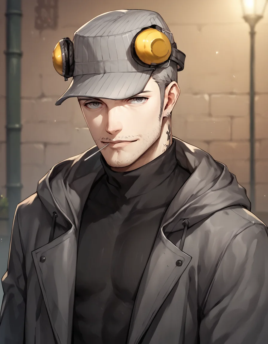 score_9, score_8_up, score_7_up, score_6_up, score_5_up, male focus,  <lora:Persona_5_-_Munehisa_Iwai_-_Pony_3:0.8> m_iwai, grey hair, mature male, grey eyes, stubble, neck tattoo, multiple earrings, pinstripe hat, ear protection, grey long coat, hood down, black turtleneck, jeans, boots, cowboy shot, outdoors, looking at viewer, contrapposto, lollipop, in mouth