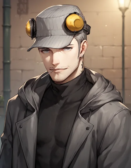 score_9, score_8_up, score_7_up, score_6_up, score_5_up, male focus, <lora:Persona_5_-_Munehisa_Iwai_-_Pony_3:0.8> m_iwai, grey hair, mature male, grey eyes, stubble, neck tattoo, multiple earrings, pinstripe hat, ear protection, grey long coat, hood down, black turtleneck, jeans, boots, cowboy shot, outdoors, looking at viewer, contrapposto, lollipop, in mouth