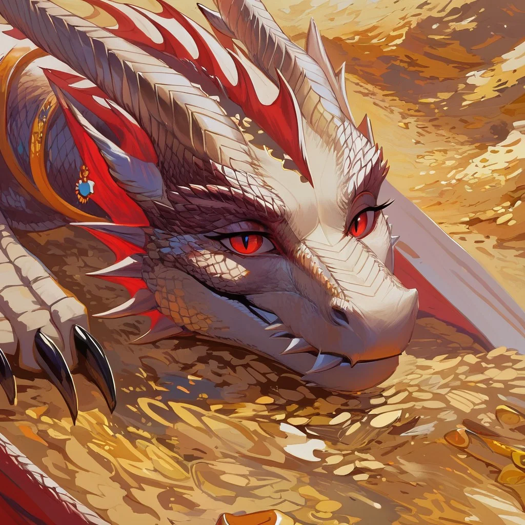 score_9, score_8_up, score_7_up, masterpiece, best quality, newest, absurdres, highres, <lora:DragonsHoard:1> DragonshoardIL, dragon, treasury, treasury-background, background, gold tresure, golden coins, coins, gold, tresurę chest, jewelry, dragon, white dragon, white scales, red eyes, looking at viewer,