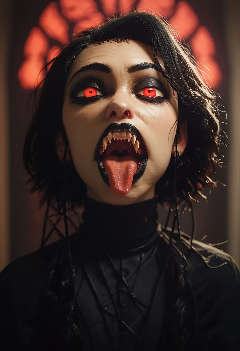 score_9, score_8_up, score_7_up, score_6_up, demonic girl, jaws, , tongue, teeth, black sith outfit, rotting skin, front view, scaled skin, reptile, , tangled stringy wet black hair,, red eyes, black pupils, red lighting, gothic bedroom, , claws, , Expressiveh, g0thicPXL, glowing, neon,, zPDXL2,