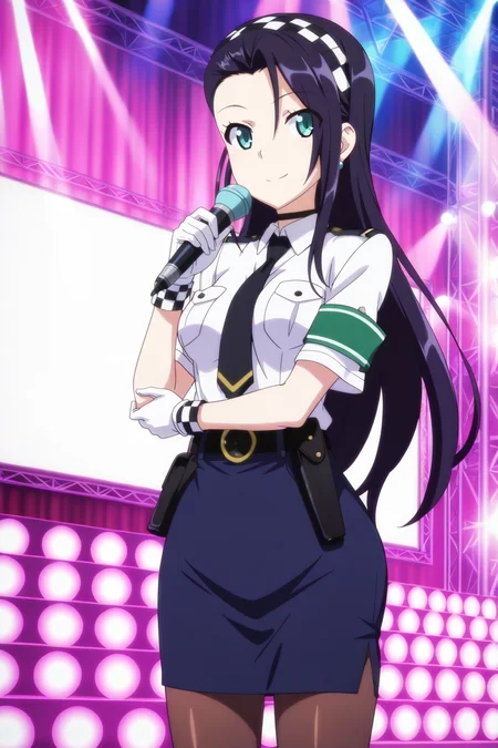 anime screenshot, anime coloring, kashima noa, 1girl, solo, black hair, long hair, forehead, asymmetrical bangs, checkered hairband, aqua eyes, medium breasts, police uniform, white shirt, collared shirt, short sleeves, black necktie, black belt, blue skirt, pencil skirt, green armband, brown pantyhose, wristband, checkered wristband, white gloves, black choker, holster, earrings, microphone, holding microphone, looking at viewer, smile, hand on own arm, cowboy shot, stage, masterpiece, best quality, high quality, highres, absurdres, <lora:kashima_noa_ILXL_v2:0.9>