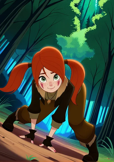 handsfree, masterpiece, best quality, amazing quality, very aesthetic, 1girl, looking at viewer, smile, dynamic pose, outdoors, forest, dynamic angle, 
<lora:Catalina_Schnitz_Red_-_Tangled_-_Illustrious:1> catalina_illus, green eyes, facial mark, freckles, red hair, twintails, necklace, fingerless gloves, boots