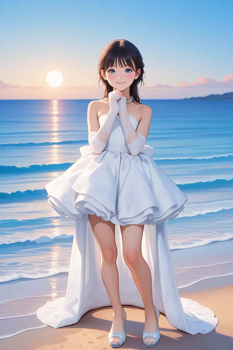 1girl, <lora:white_high_low_dressV1_Illustrious:1> ,white high-low dress,lace train,ruffled skirt,bare shoulders,strapless,pearl necklace,jewelry,white lace elbow gloves,white footwear,high heels,masterpiece, best quality, amazing quality, newest,light_smile,blue_sky, ocean, standing, beach, outdoors,
