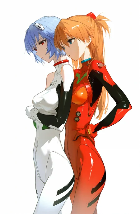 souryuu_asuka_langley, ayanami_rei, long_hair, breasts, open_mouth, short_hair, simple_background, multiple_girls, white_background, 2girls, blue_hair, small_breasts, orange_hair, from_side, bodysuit, pilot_suit, plugsuit, white_bodysuit, red_bodysuit, interface_headset