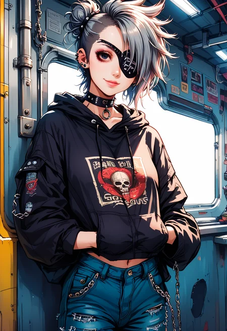 score_9, score_8_up, score_7_up, score_6_up,  (lovely punk) young woman, mexican, brown eyes, medium skin tone, Average build, wearing a oversized graphic hoodie,distressed denim jeans,platform creepers, metallic silver hair, messy space buns hair with shave sides, labret piercing, smudged eyeliner,choker featuring dangling chains, set in  a punk-themed train compartment, decked out with DIY decor crafted from recycled materials and adorned with anarchist slogans and protest art, Passengers huddle together in the cramped space, sharing stories and swapping zines, while servers clad in patch-covered jackets dish out unconventional eats inspired by punk ethos, at night, woman smiling, masterpiece,best quality, detailed
