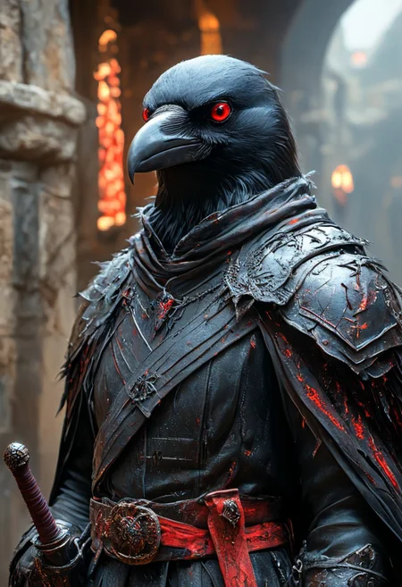 a cinematic photograph of a fantasy Crow, red glowing eyes, wearing black shiny armor with red details on, holding a red glowing sword in an attacking pose, dungeon in background, photorealistic, photography lighting, extremely detailed, shot on Sony A7R V with Leica lens, HKStyle, corvidfolk