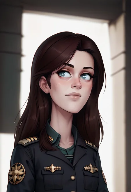 score_9, score_8_up, score_7_up, score_6_up, PRSNL_3_1,  uncensored, 1girl, pupils black dots, (((upper body))),
warm light,
Miranda Keyes, military uniform,