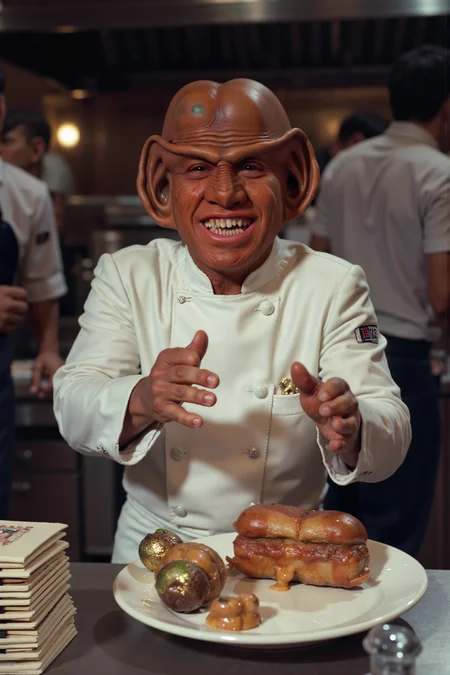 A Ferengi in a crisp, chefâs uniform stands proudly in the kitchen of a Michelin-starred restaurant, his large ears wiggling with excitement as he prepares to plate his latest creation. The kitchen is abuzz with activity as sous-chefs and waitstaff rush around him, but the Ferengi remains focused on his masterpieceâan extravagant fusion dish of Earth and Ferengi cuisine, featuring gold-dusted truffles and latinum-infused sauce. Behind him, shiny stainless-steel appliances gleam under the bright kitchen lights, and the sound of sizzling pans and chopping knives fills the air. The Ferengi carefully arranges the dish with an artistâs precision, grinning widely as he imagines the absurd prices he can charge for such "exclusive interstellar flavors." On a nearby counter, a stack of restaurant menus lists his dish at a jaw-dropping price, with "Chef Ferik's Galactic Gold Special" in bold, gleaming letters. Waitstaff peek nervously over his shoulder, wondering if humans will even attempt to eat it, but the Ferengi just chuckles to himselfâprofit is profit. As he steps back to admire his work, his eyes gleam with the anticipation of the nightâs earnings, already planning to franchise his "fine dining experience" across the galaxy.<lora:aidmaMJ6.1-FLUX-V0.1:0.6><lora:Movie_Portrait><lora:Flux DetailerV2><lora:ferengiV1_FLUX>