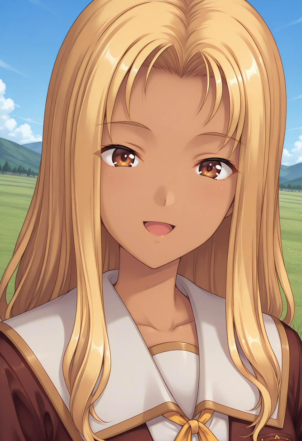 kuon_kyoko, brown eyes, blonde hair, long hair, dark-skinned female, dark skin, school uniform, white sailor collar, brown jacket, long sleeves, <lora:kuon_kyoko_illustrious_ver1:0.8> 
smile,, masterpiece, best quality, very aesthetic, absurdres,, general,, 1girl, solo, blue sky, (grasslands:1.2), looking at viewer,, (upper body:1.2), (close-up:1.2), (facing viewer:1.2), (open eyes:1.4), (portrait:1.2)