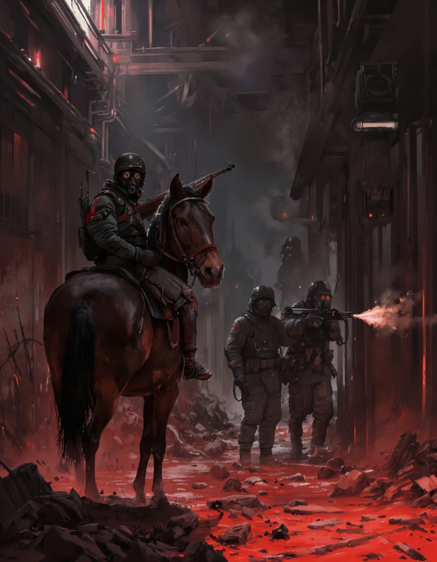 By Jakub Rozalski. A digital illustration shoot from a front camera angle about a post-apocalyptic scene depicting a soldier on horseback in a dark, smoky environment, wearing a gas mask and holding a rifle, accompanied by another figure holding a gun, both wearing gas masks, in a dimly lit, industrial setting with red and black tones. the scene is filled with smoke and debris, and the ground is covered in a thick layer of red, creating a dramatic atmosphere. on the left side of the image, a soldier is sitting on a horse, facing the viewer, while on the right side, another figure is standing with a gun in hand, emitting a trail of smoke behind them. in the background, a few other soldiers can be seen, some of them holding guns, adding to the sense of danger and intensity in the scene.
