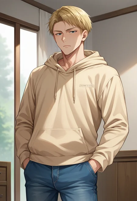 score_9, score_8_up, source_anime, 1boy, solo, KentoNanami, blonde hair, short hair, hoodie, jeans, indoors, hands in pockets, <lora:ChamKentoNanamiPonyXL:1.0>