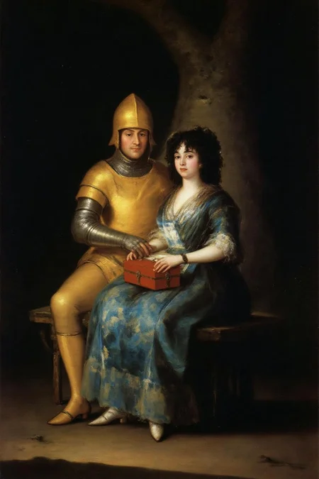 g0ya1 painting
A blonde knight and a lady sitting under a tree. The lady has dark hair and is wearing a blue dress. The knight is sleeping with his head on the leg of the lady <lora:g0ya1_cap_d6a3:1.0><lora:815796430766805115:0>