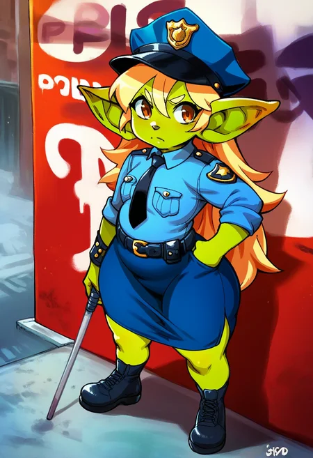 1girl, anthro, <lora:Tojyo style v1.0:1> aku tojyo, colored picture, drawing, flat color, green body, goblin, goblin girl, short stack, short woman, uniform shoes,police telescopic baton, black police stick, <lora:Perfect Hands:1> perfect, hands, perfect hands, blonde long hair, 1girl, solo, solo focus, female focus,, score_9, score_8_up, score_7_up, score_6_up, score_5_up, score_4_up, zPDXL, score_9, score_8_up, score_7_up, score_6_up, score_5_up, score_4_up, monster girl, chubby, shortstack,short,small,fat,flat chest,thick hips, police uniform, blue jacket, sleeves rolled up, black necktie, blue skirt, pencil skirt, side slit, belt, , in street, urban city, populated city, shopping ads, advertissment, billboard in background, complex background