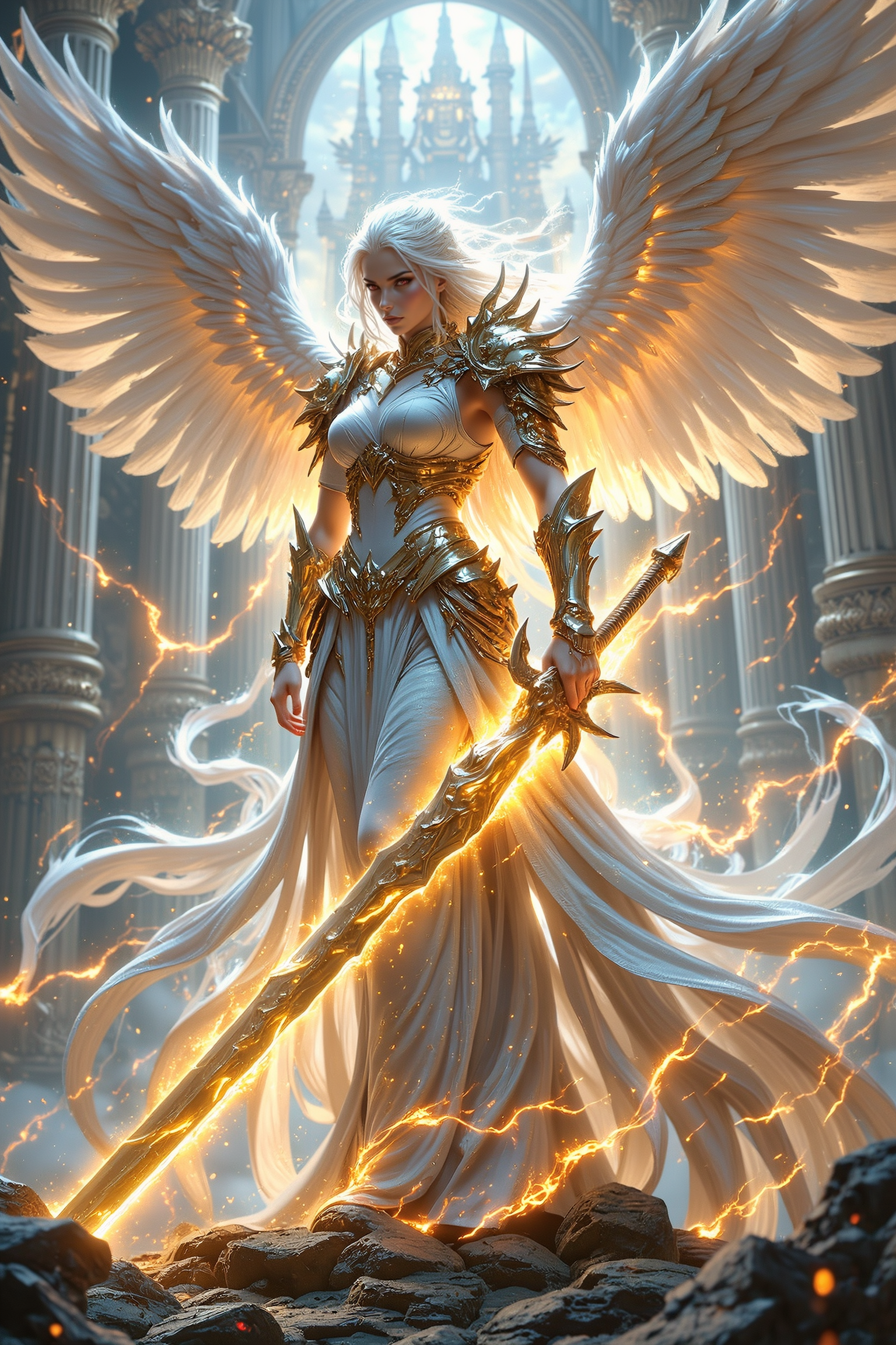 A powerful, awe-inspiring female warrior with long, flowing white hair, clad in radiant white spiked armor, stands with a menacing aura. Her ethereal, glowing white wings stretch out majestically behind her, shimmering with divine light. She holds a massive, radiant sword that emits an intense white light, crackling with electric energy swirling around her like a celestial storm. Her piercing red eyes glow through the mist, adding to her fierce, commanding presence.
In the background, a grand temple rises from the clouds, its towering pillars and intricate carvings radiating with divine energy. The heavenly temple, bathed in golden light, creates a majestic backdrop, emphasizing the warrior's divine connection. Soft golden clouds float around, with beams of divine light breaking through, creating a serene yet powerful atmosphere. Gentle orange glowing dust drifts through the air, adding a magical touch to the ethereal landscape. Ultra-realistic, hyper-detailed, with cinematic lighting and perfect composition, the image captures the contrast between the angelic and the fierce, framed by the high-contrast interplay of light, shadow, and the divine architecture.
<lora:FluxMythP0rtr4itStyle:0.75> mythp0rt
<lora:Aura_Flux:0.6>
<lora:ImageUpgraderV2:0.5> detailmaximizer