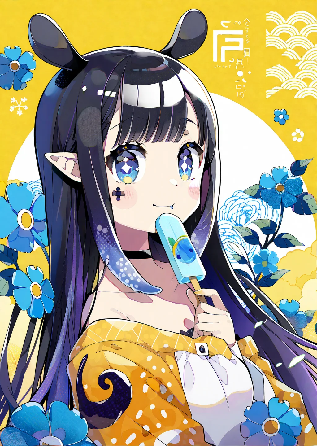 ninomae ina'nis, 1girl, virtual youtuber, popsicle, food, long hair, pointy ears, solo, sidelocks, mole under eye, bangs, purple hair, tentacle hair, multicolored hair, orange hair, gradient hair, blunt bangs, flower, mole, looking at viewer, blue flower, blue eyes, holding, very long hair, holding food, blush, eating, upper body, choker, animal ears
by  chon