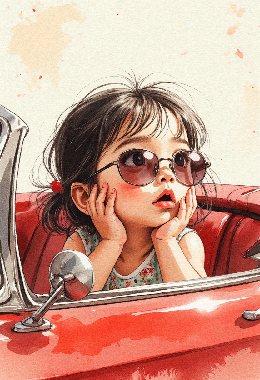 Cinematic style, watercolor, play of shadow and light, Beauty,
A chubby little Chinese girl sits in a convertible, resting her face on her hands, looking into the distance. She has a round face, plump limbs, an exaggerated surprised expression, cute hair, wearing sunglasses, a half-body portrait, dressed in a dress, with a clean background,