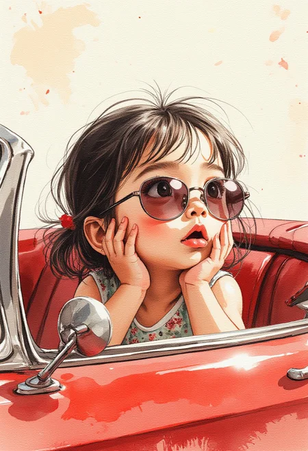 Cinematic style, watercolor, play of shadow and light, Beauty,
A chubby little Chinese girl sits in a convertible, resting her face on her hands, looking into the distance. She has a round face, plump limbs, an exaggerated surprised expression, cute hair, wearing sunglasses, a half-body portrait, dressed in a dress, with a clean background,