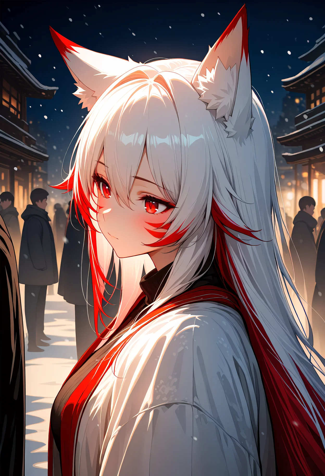 <lora:ani40_stabilizer_v0.1:0.8>1girl,solo focus,fox ears,red eyes,white hair,red hair,long hair,hair between eyes,closed mouth,multicolored hair,whisker markings,upper body,from side,snowing,people,night,bokeh,masterpiece,best quality,high score,great score,[Trained by reakaakasky @civitai.com/user/reakaakasky and only published on civitai::0],