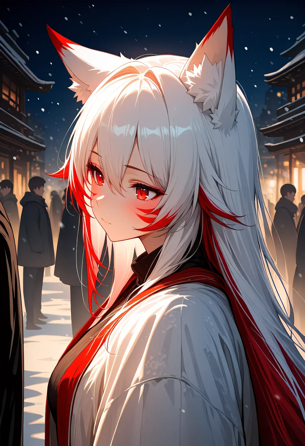 <lora:ani40_stabilizer_v0.1:0.8>1girl,solo focus,fox ears,red eyes,white hair,red hair,long hair,hair between eyes,closed mouth,multicolored hair,whisker markings,upper body,from side,snowing,people,night,bokeh,masterpiece,best quality,high score,great score,[Trained by reakaakasky @civitai.com/user/reakaakasky and only published on civitai::0],