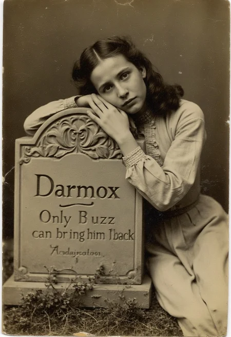 An aged worn sepia monochrome 1800s photograph closeup portrait of a young woman sitting down with her head leaning against a gravestone, with her arm around the front of the gravestone, crying and depressed, the name "Darmox" is carved on the grave stone, under that is carved small "Only BUZZ can bring him back", photograph is faded and torn on the edges