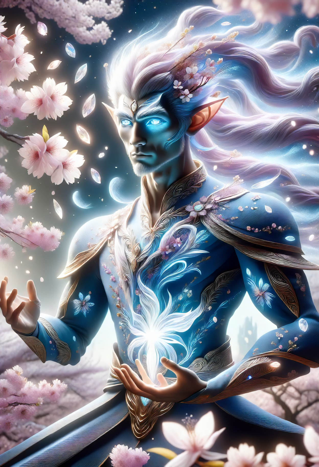DonMS4kur4XL,sakura blossoms, female male  elf, humanoid creature, slender, graceful, pointed ears, fair colored hair, almond shaped eyes with vibrant colors, ageless appearance, otherworldly ethereal glow, elaborate nature inspired attire, magic, regal noble demeanor, golden age, toned, indigenous peoples of the america, light blue eyes,  long nose,    symmetrical forehead, diamond face shape,     , burgundy cornrows hair, pride, shielding stance, arms crossed, creating protective barriers,      arcanist, time travel , engaged in astral projection, seeking knowledge from beyond, glowing runes   <lora:released\DonM3t3rn1tyXL-v1.1-000008:0.8><lora:myLora\DonMS4kur4XL-000006:0.8><lora:released\DonMM4g1cXL_v1.2:0.6>