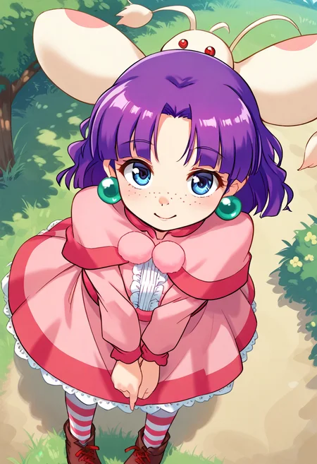 score_9, score_8_up, score_7_up, best quality, uncensored, source_anime, BREAK
1girl, solo, sue(grandia), purple hair, medium hair, hair ribbon, blue eyes, green earrings, freckles, capelet, pink dress, sue(grandia) outfit, striped socks, brown shoes,
:d, from above, leaning forward, outdoors, 
<lora:sdxl_lightning_8step_lora:1>  <lora:sue(grandia)_XL(pony):1>