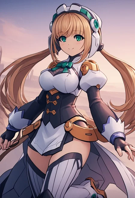 score_4,score_5,score_6,score_7_up,score_8_up,score_9
((masterpiece,best quality,ultra detailed,highres,HD,4k:1.2)),
1 cute girl,solo,girl forcus,solo forcus,
Azure Striker Gunvolt(Main),shining highlights, 1girl, solo, girl focus,solo focus,face focus,
robo girl,android,robot joints,very long hair,brown hair,low twintails,bangs,green eyes,head gear,head ornament,helmet,large breasts,
boots, footwear, gloves, corset, detached sleeves, fingerless gloves, gloves, hat, juliet sleeves, knee boots, long sleeves, magical girl, puffy sleeves, skirt, striped, striped thighhighs, thighhighs, thighs, vertical stripes, vertical-striped thighhighs, skirt,
smile,light smile,blush,
