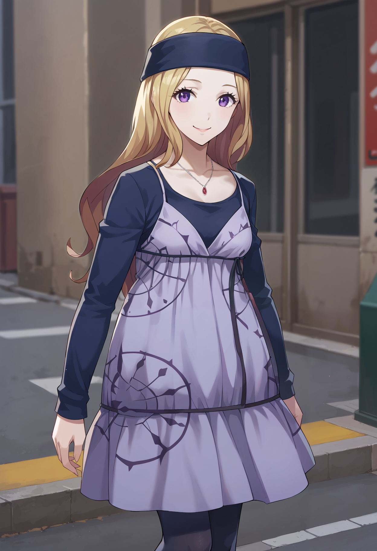 score_9, score_8_up, source_anime
1 girl, solo, cute face,
p5chihaya, blonde hair, longe hair, headband, purple eyes
necklace, black long sleeve shirt, long sleeves, dress, black pantyhose
street, Shinjuku, standing on sidewalk, looking at viewer, smile,
masterpiece, best quality, ultra detailed,