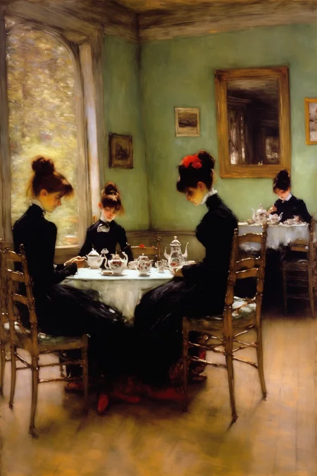 <lora:William Merritt Chase Style:1>William Merritt Chase Style - In a quiet afternoon, everyone sits at the table and drinks English afternoon tea