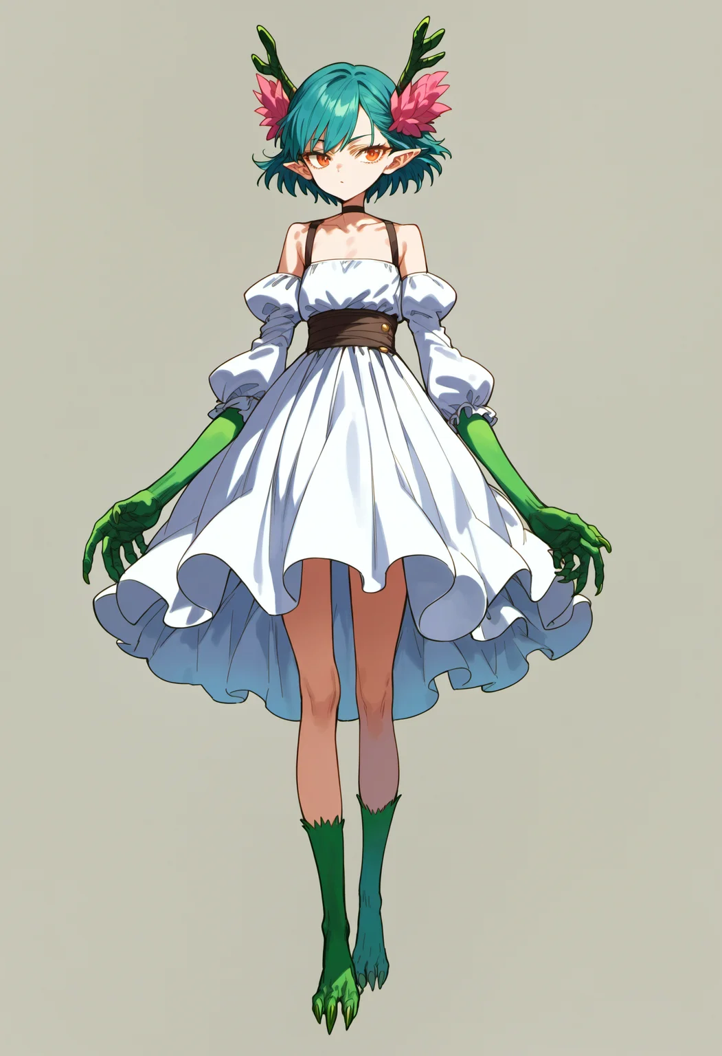 score_9, source_anime, score_8_up, score_7_up,simple background,white background,standing,full body,
 <lora:qcontrol_v1:0.8>,qcontrol,1girl,solo,white dress,green claws,