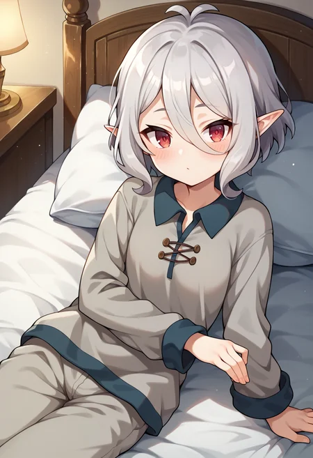score_9, score_7_up, hd, (ultra hd quality details), source_anime, indoors, bedroom,
solo, 1girl, pcrkok, grey hair, elf, antenna hair, red eyes,
grey shirt, pajamas, pants,
looking at viewer, blush, split mouth,
on side, on bed,
<lora:_kokkoro-elesico-ponyr2:0.9>