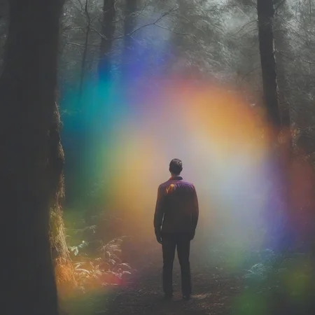 <lora:SDXL_rainbow_highlights_Sa_May:1> rainbow highlights a man in the forest