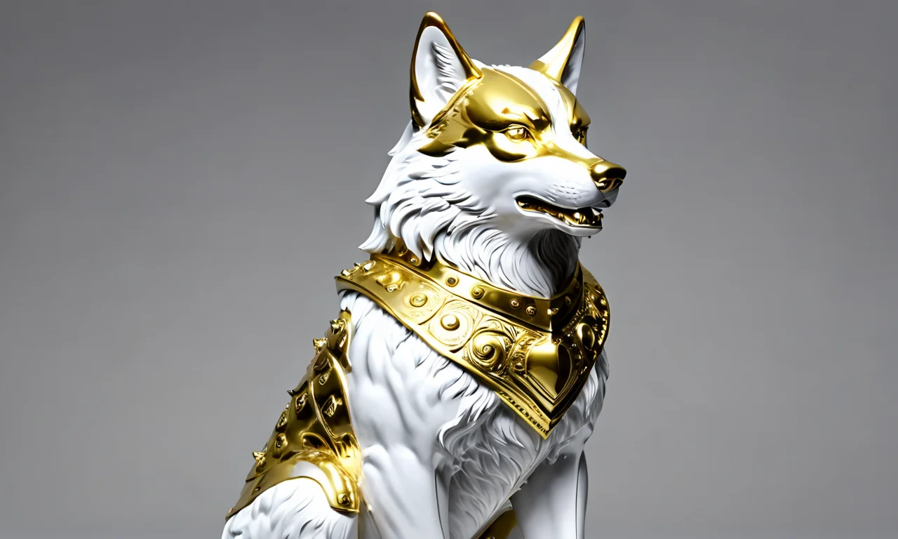 a statue of an armored wolf, best quality, masterpiece, <lora:cstatuesdxl:0.8>, cstatuesdxl, white and gold,gold armor, collar, spike