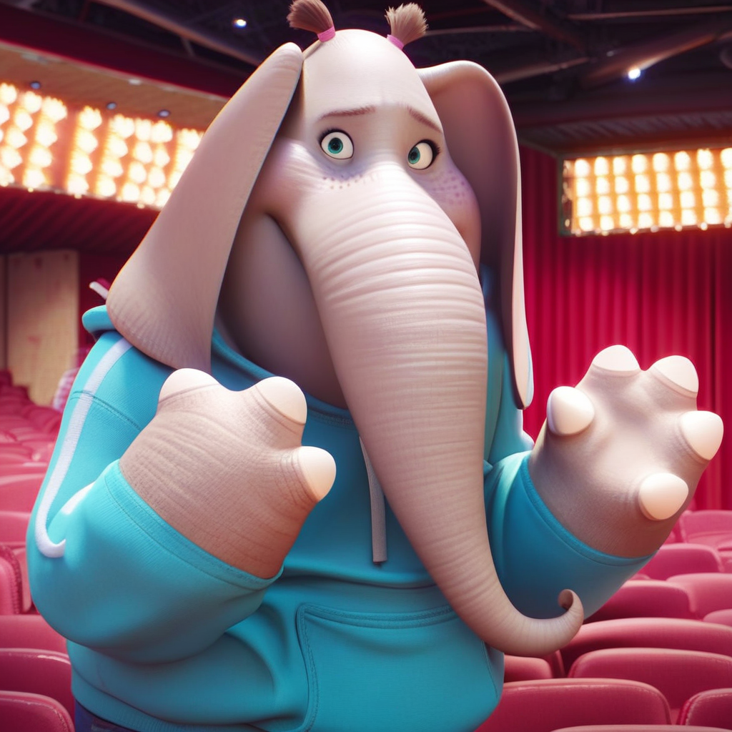 score_9, score_8_up, score_7_up, furry, anthro, female elephant, plump, chubby, light grey skin, freckles on cheeks, green eyes, brown hair, pigtails, pink bands, brown eyebrows, big elephant ears, elephant trunk covering her mouth, elephant hands, shy, cute, light blue hoodie with white lines on the sleeves, blue jeans, pink and white sneakers, BREAK, 1girl, solo, looking at viewer, cute, smiling, smug, walking, waving at viewer, indoors, theater scene, female focus, looking at viewer, detailed background, 4k, masterpiece, best quality, highly detailed, realistic, full shot