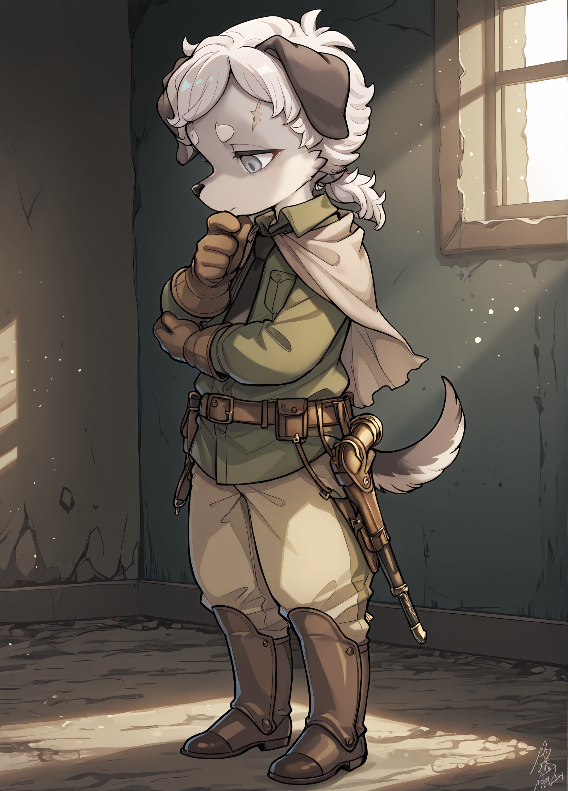 masterpiece, best quality, very aesthetic, newest, absurdres, highly-detailed, ultra-detailed, cinematic lighting, dramatic lighting, pastel colors,
BREAK, <lora:Britz_Strudel:1>, britz strudel, fuga: melodies of steel, kemono, furry male, young male, 1boy, dog boy, grey fur, beige fur, multicolored fur, grey eyes, short hair, white hair, scar above right eye, animal ears, dog ears, floppy ears, dog tail, brown tail, Fuga 2 appearance, wavy hair, soft curls, ponytail, claws,
BREAK, Fuga 2 Outift, brown shoes, brown leg guards, khaki pants, olive green button-up shirt, rugged cape, beige cape, black necktie, brown gloves, utility belt, pouches, gun holster, sword, sheathed,
BREAK, solo, full body, fingers on chin, thinking, looking down,