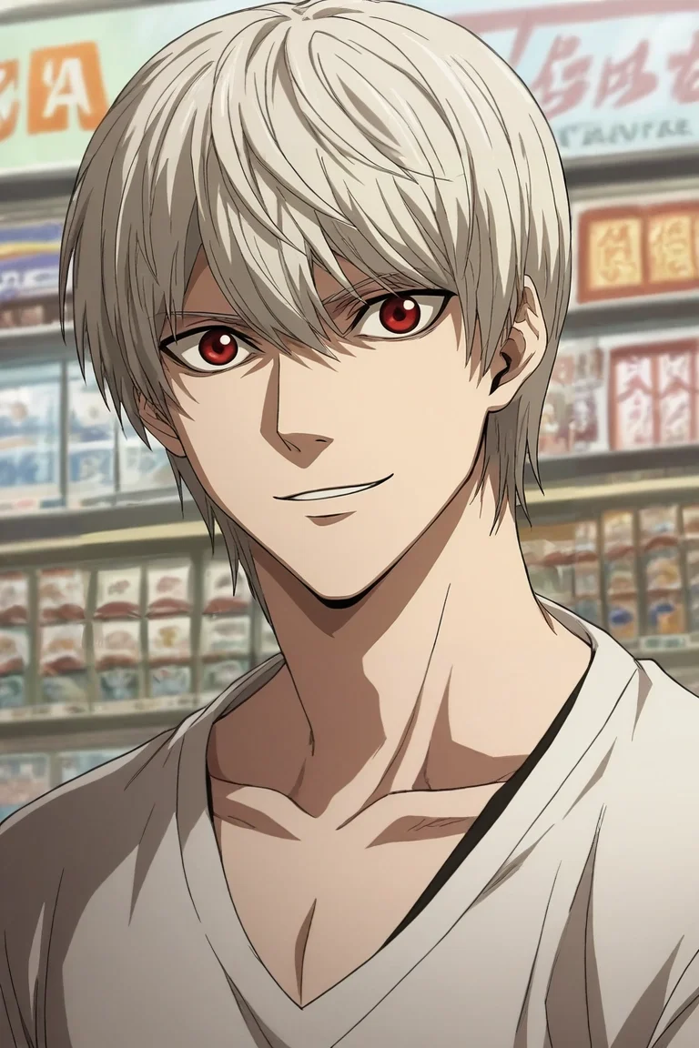 zPDXL, score_9, score_8_up, score_7_up, rating_safe, intricate details, looking at viewer, depth of field, 1boy, sakata gintoki, gintama, white hair, red eyes, solo, upper body, shopping mall, stores, signs, dusk, knees up, smile, <lora:death_note_style_pony:1.02>, death_note_style, , <lora:sdxl_lightning_8step_lora:1>